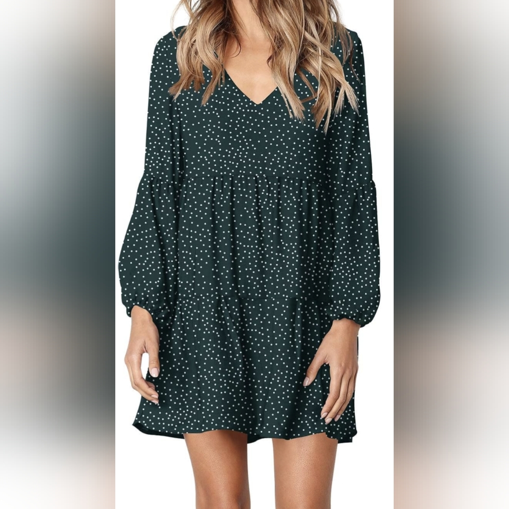 Tunic Dress: V-Neck Swing/Flowy Polka Dot Green, XL